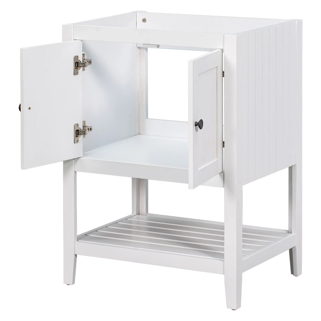 White 24-inch eprolo solid wood bathroom vanity base with doors and open slatted shelf.