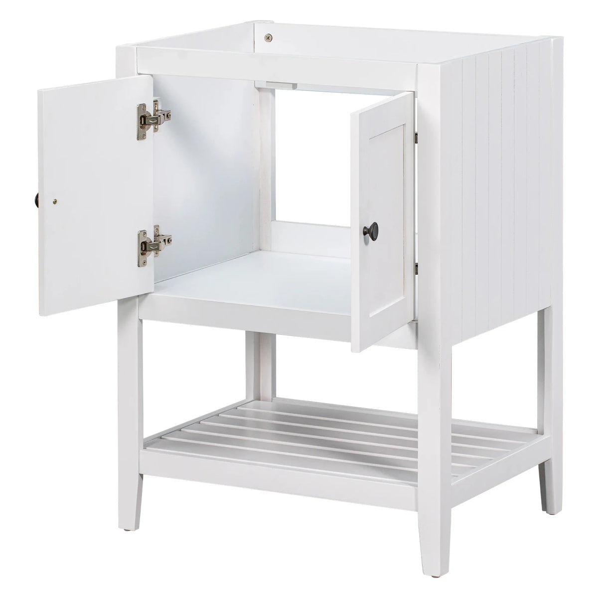 White 24-inch eprolo solid wood bathroom vanity base with doors and open slatted shelf.