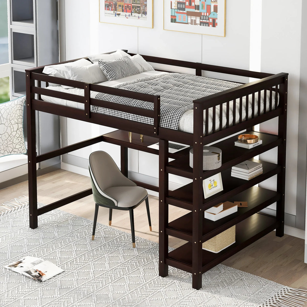 eprolo espresso full size loft bed with built-in desk and storage shelving unit