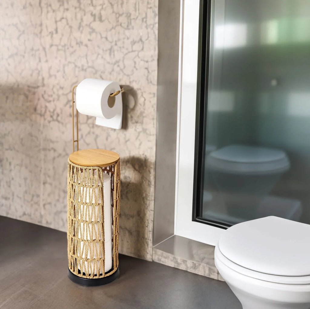 eprolo handmade woven freestanding toilet paper holder with wooden lid in a modern bathroom