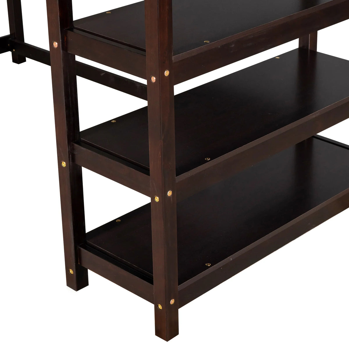 Close-up of the espresso finish storage shelves of an eprolo twin size loft bed.