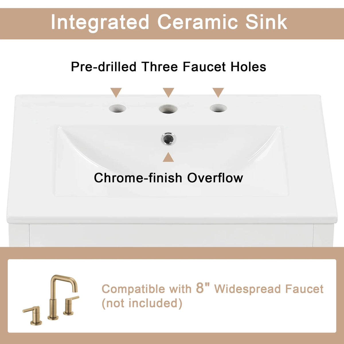 White eprolo integrated ceramic bathroom sink with three faucet holes and chrome overflow.