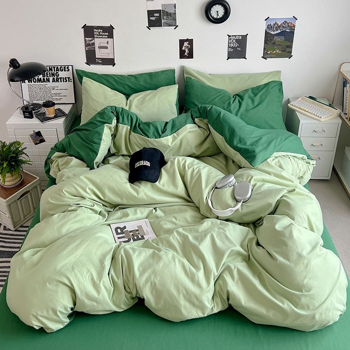 Washed Cotton Solid Color Double Spliced Four-Piece Bedding Set