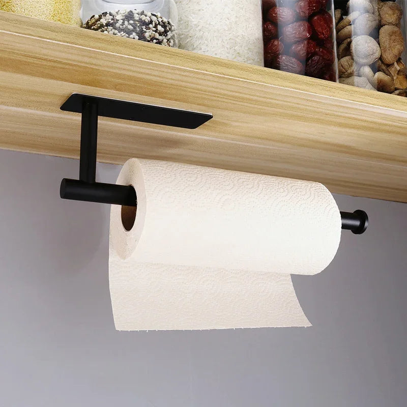 Black eprolo kitchen roll holder mounted under a wooden cabinet with paper towel roll.