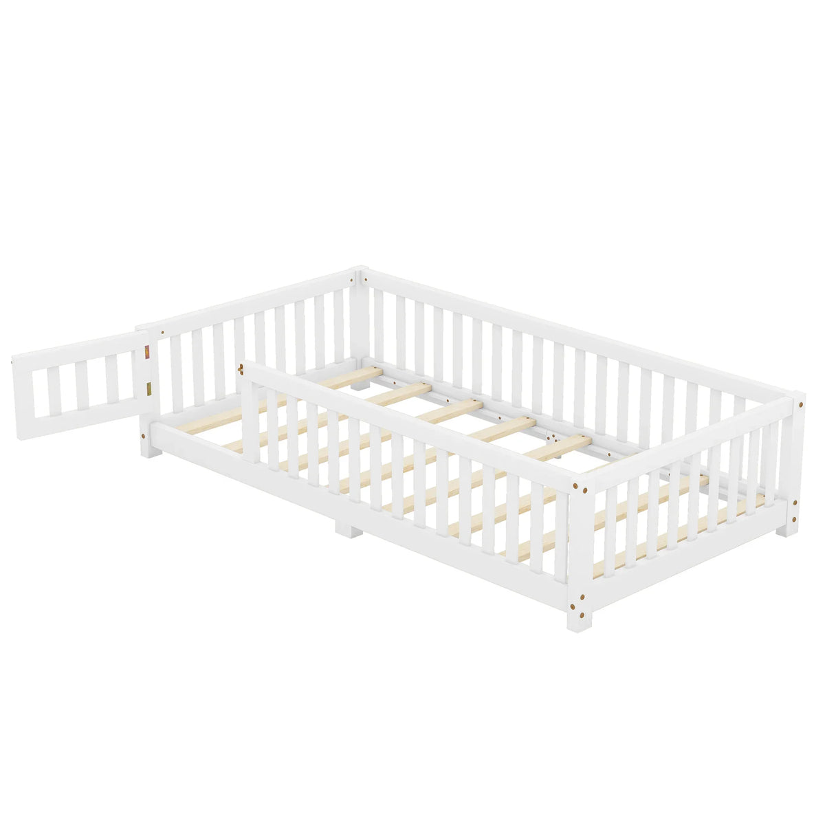 White eprolo twin size kids floor bed with safety guardrails and a side door