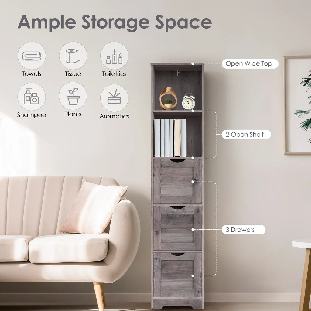 Tall grey eprolo bathroom floor cabinet with 3 drawers and 2 open shelves for storage.