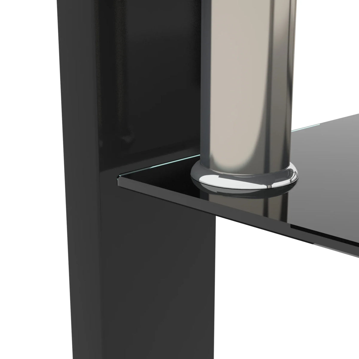 Close-up of a modern eprolo rectangle black glass coffee table with a chrome metal leg.