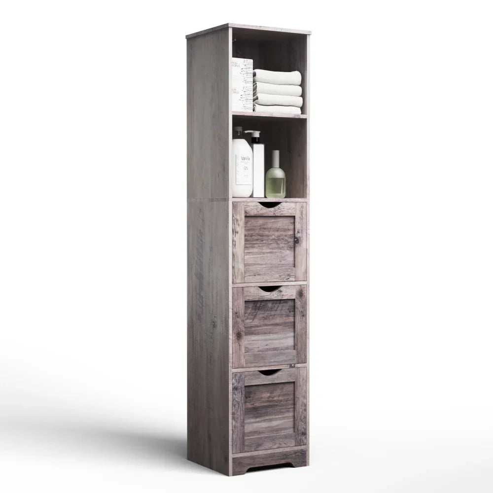 Eprolo tall narrow grey bathroom storage cabinet with 2 shelves and 3 drawers