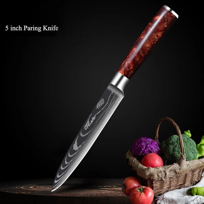eprolo 5 inch paring knife with high carbon stainless steel blade and patterned wood handle.