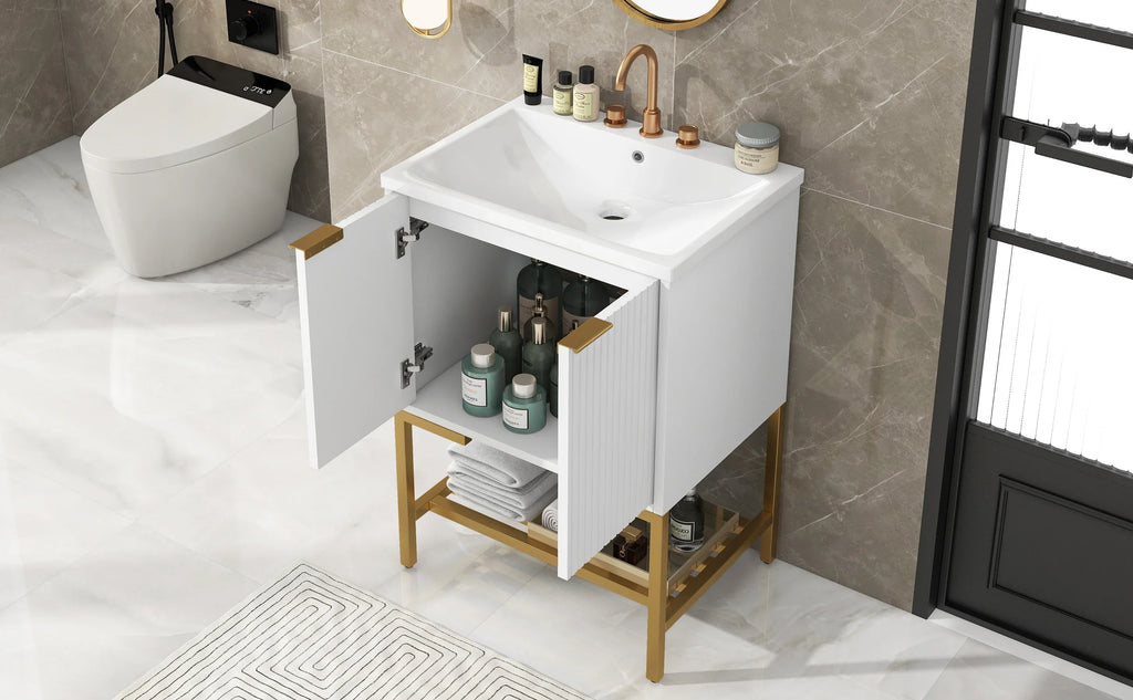 eprolo 24-inch white bathroom vanity with sink, gold metal frame, and open storage shelf.