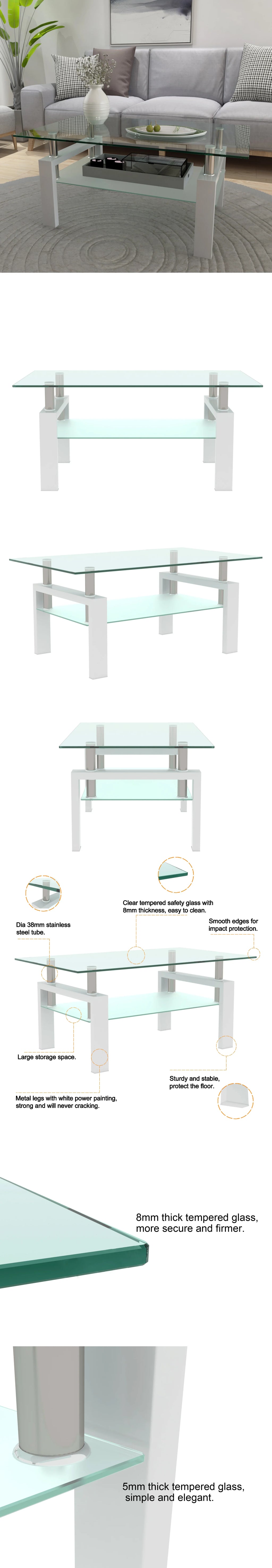 eprolo modern white coffee table with tempered glass top and storage shelf