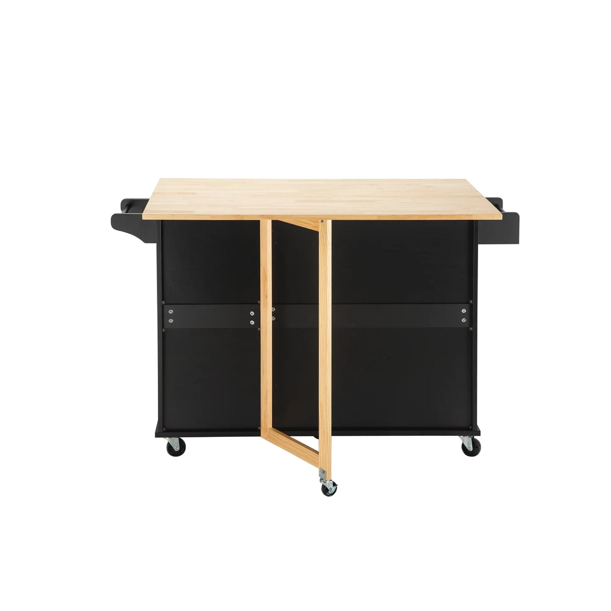 Eprolo mobile kitchen island with an extensible rubber wood countertop and black base.
