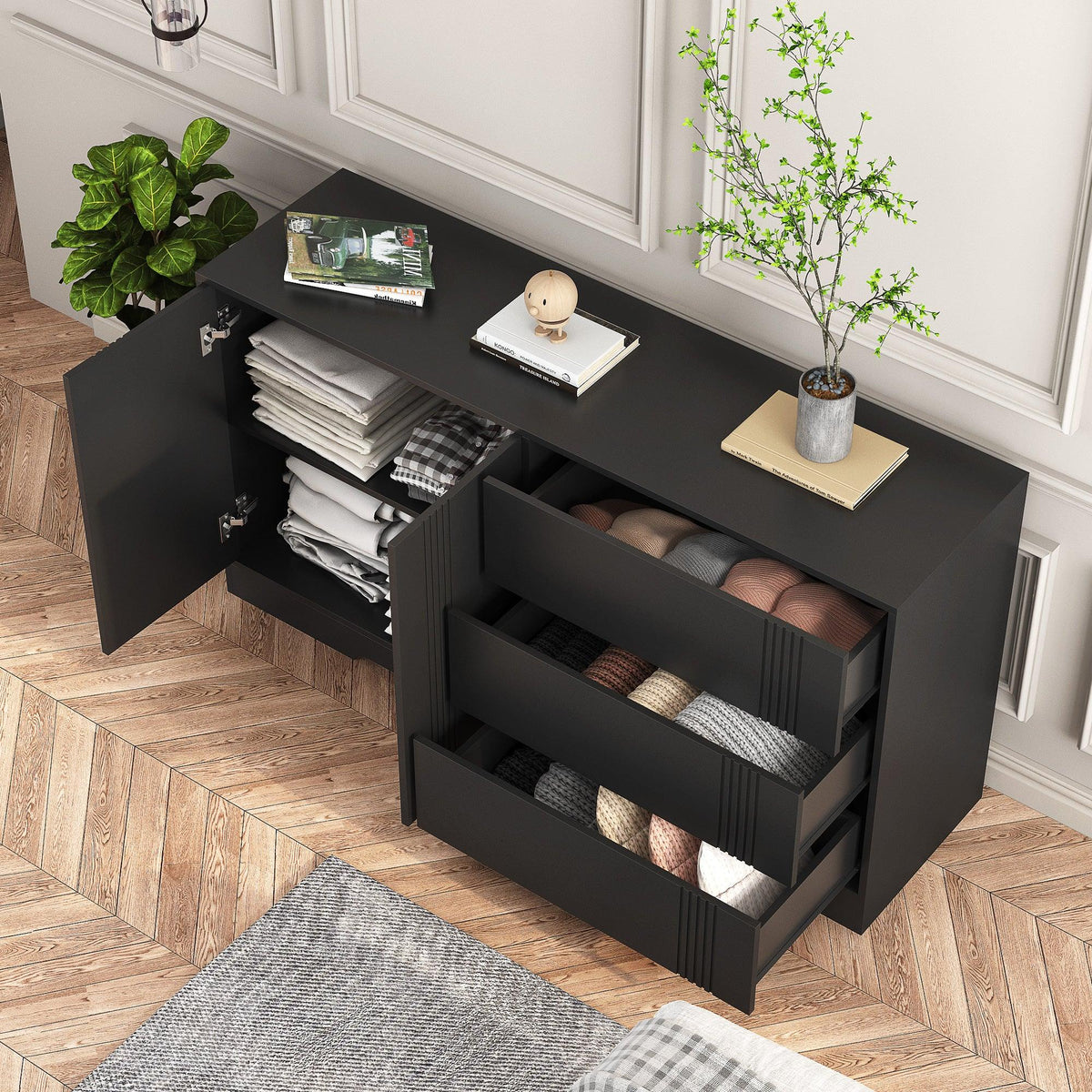 Modern black eprolo kitchen buffet sideboard with drawers and storage doors.