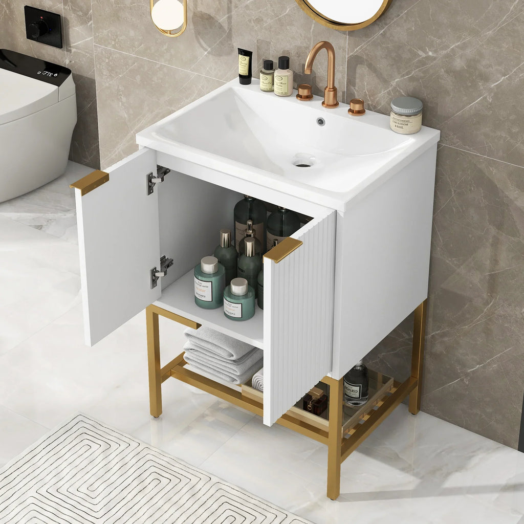 White 24 inch eprolo bathroom vanity with gold metal frame, sink, and open storage shelf
