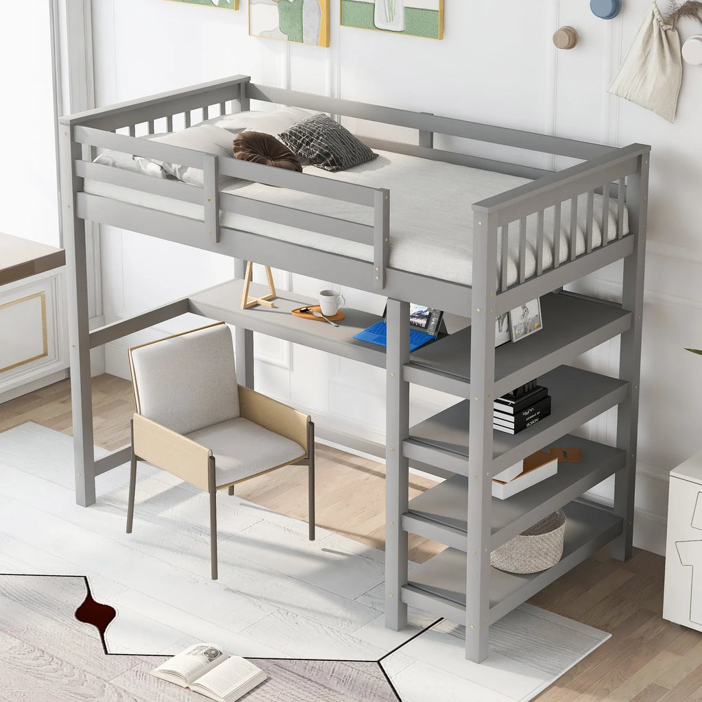 Eprolo twin size loft bed in gray with built-in desk and storage shelves.
