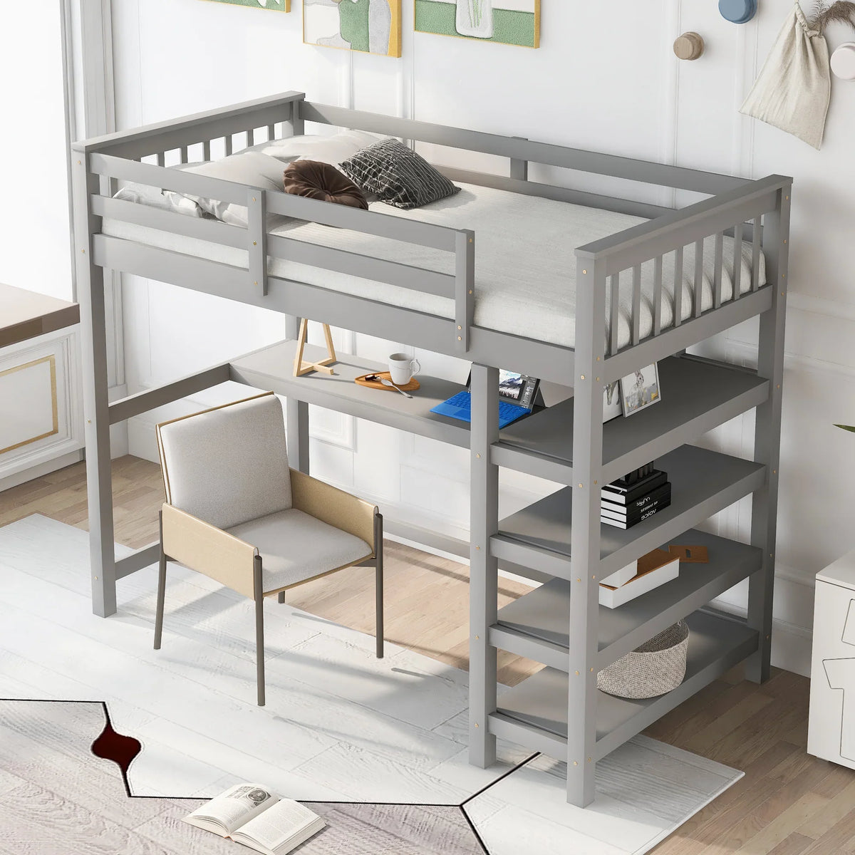 Eprolo twin size loft bed in gray with built-in desk and storage shelves.