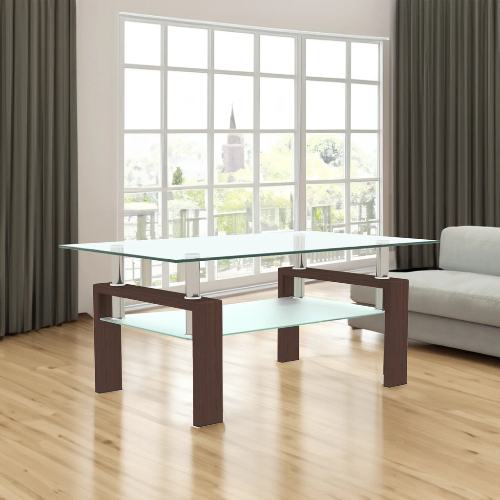 Modern eprolo rectangle walnut and glass coffee table in a bright living room.