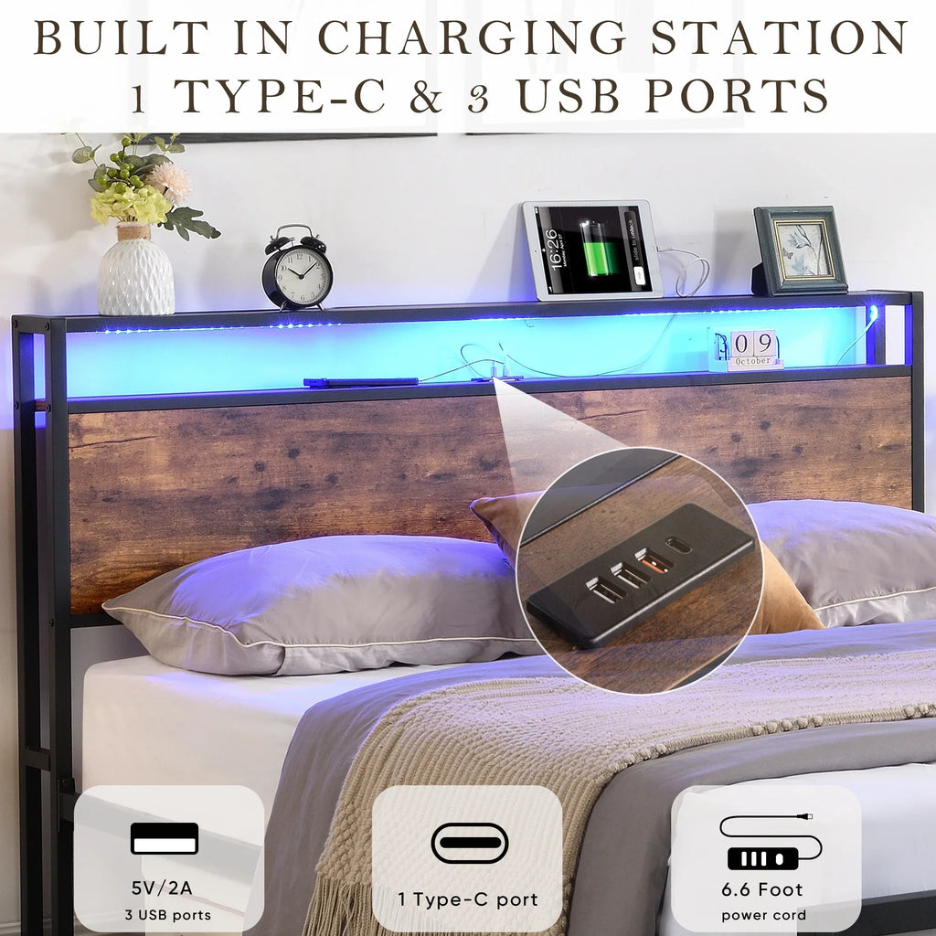 ePROLO LED platform bed headboard featuring a built-in charging station with USB and Type-C ports.