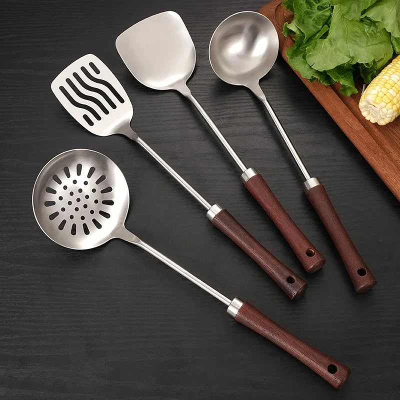 eprolo 304 stainless steel kitchen utensil set with wooden handles on a dark surface