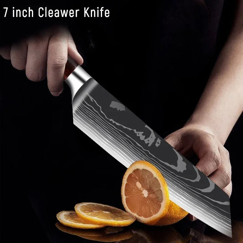 eprolo 7 inch cleaver knife slicing a fresh orange slice on a dark background
