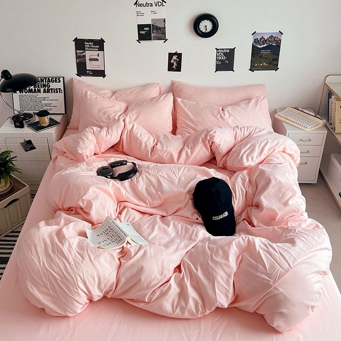Washed Cotton Solid Color Double Spliced Four-Piece Bedding Set