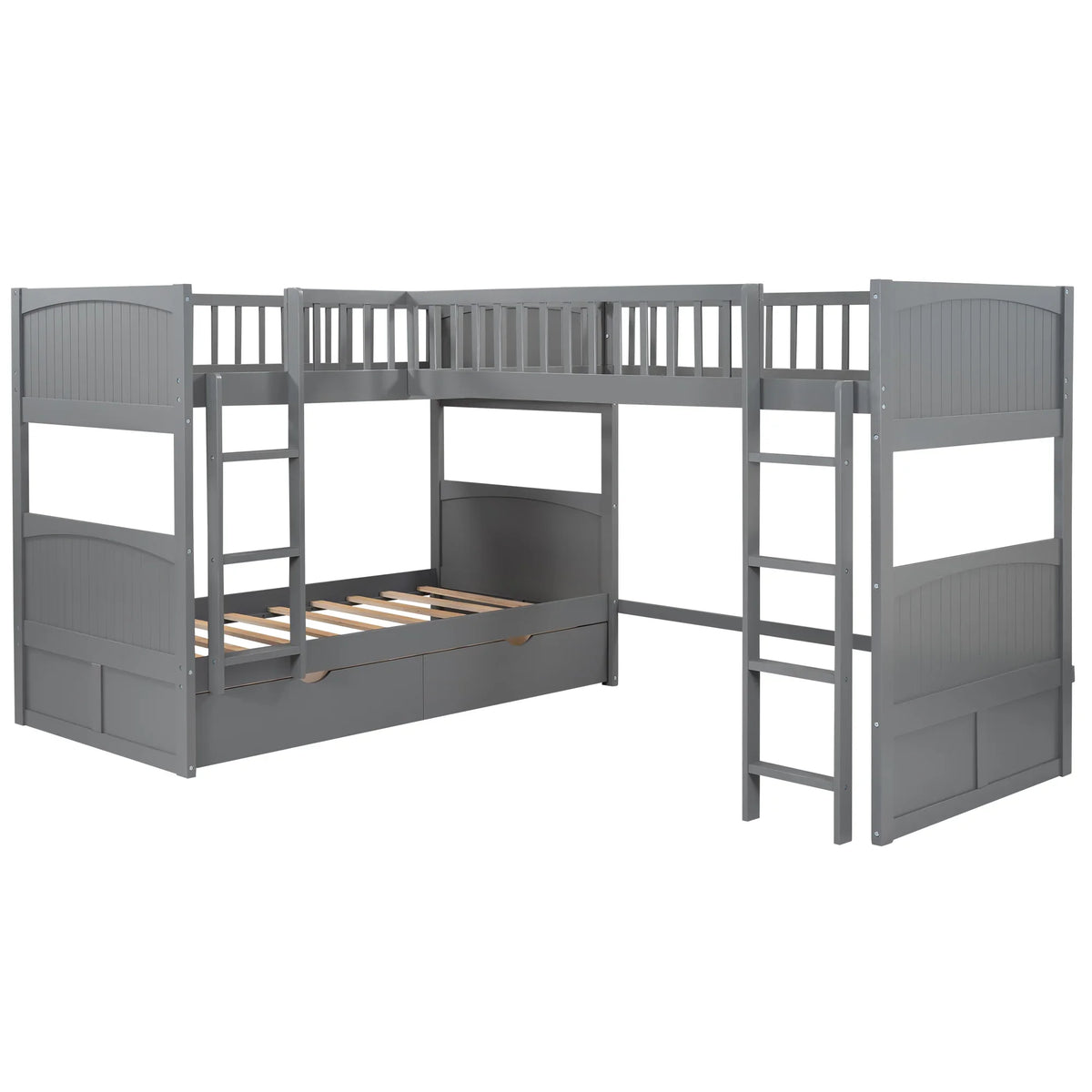 eprolo gray twin size bunk bed with an attached loft bed and two storage drawers