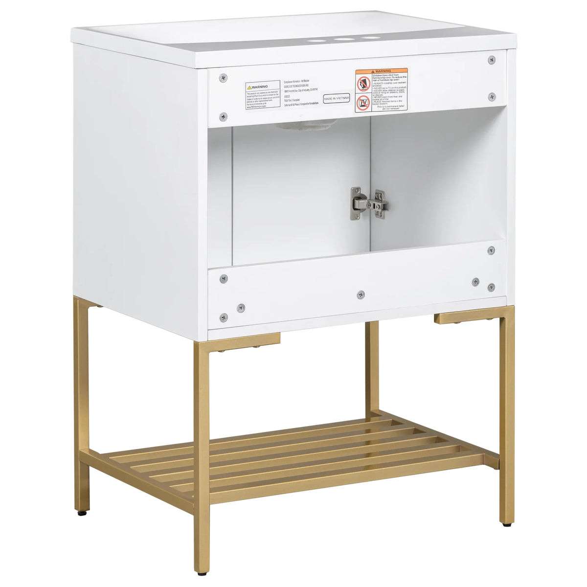 Back view of eprolo 24-inch white bathroom vanity with gold metal frame and open storage shelf