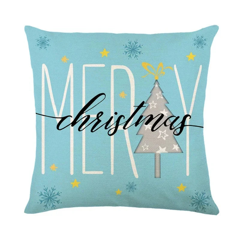 Light blue Christmas pillow cover with Merry Christmas text and snowflake pattern