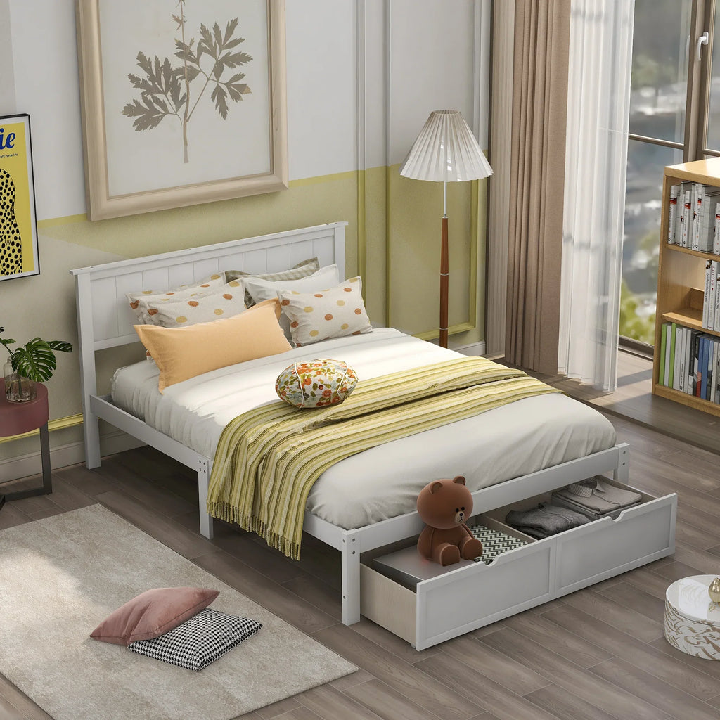 eprolo white full size platform bed with under-bed storage drawers in a cozy bedroom