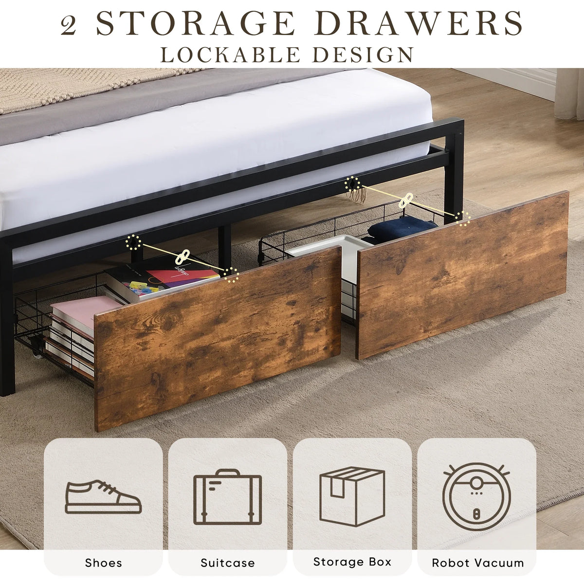 eprolo platform bed with two lockable under-bed storage drawers and usage icons