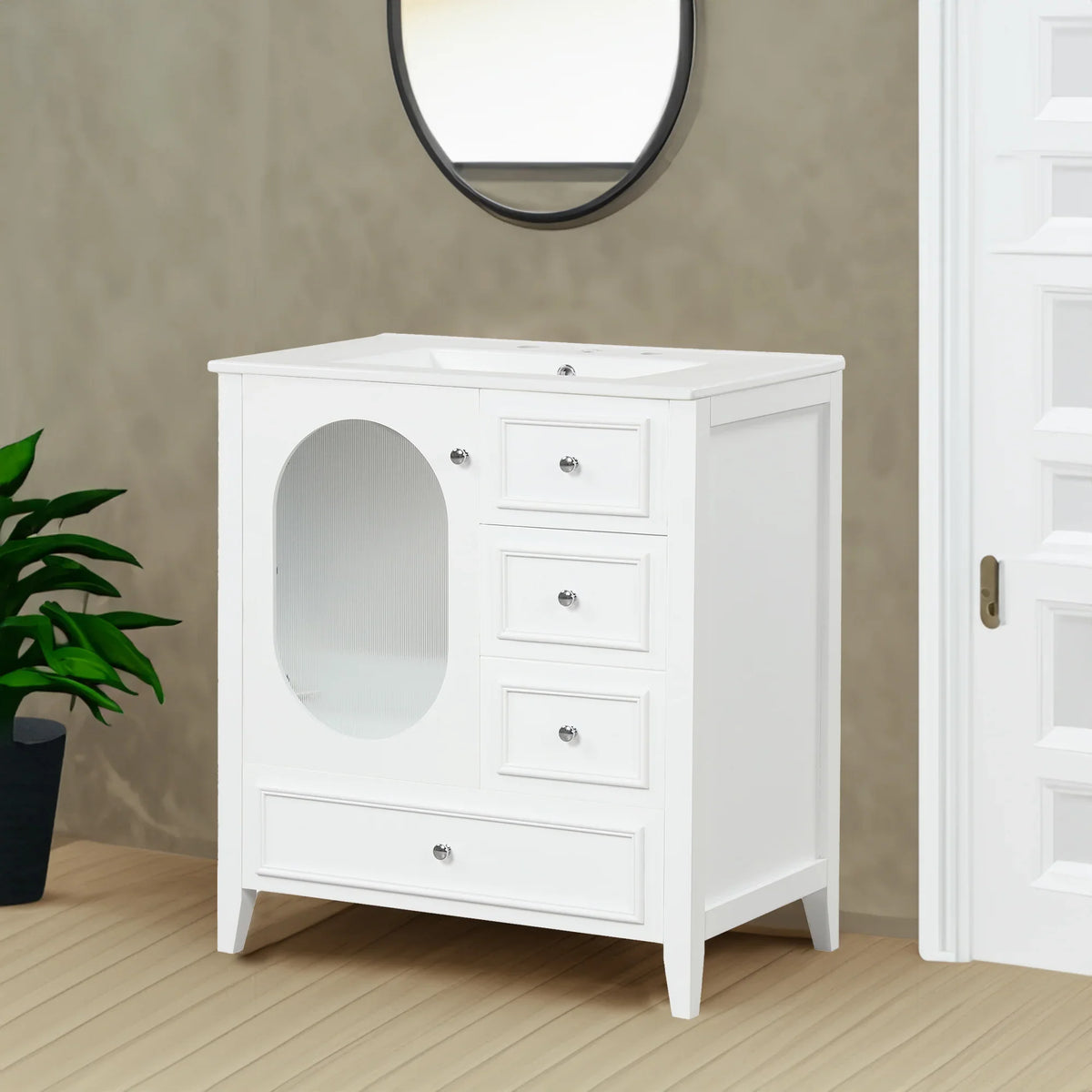 eprolo 30 inch white bathroom vanity cabinet with sink, three drawers and one door