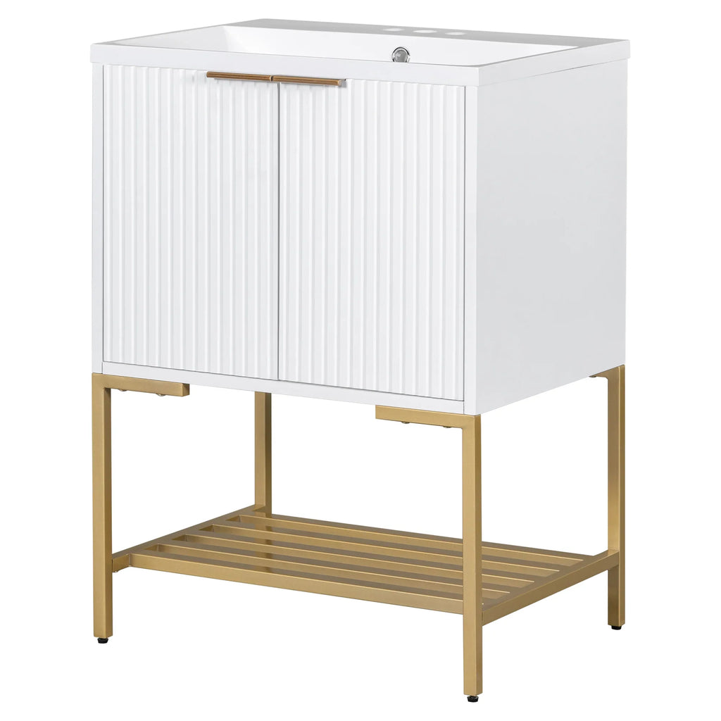 eprolo 24-inch white bathroom vanity with fluted doors, gold metal frame, and open storage shelf