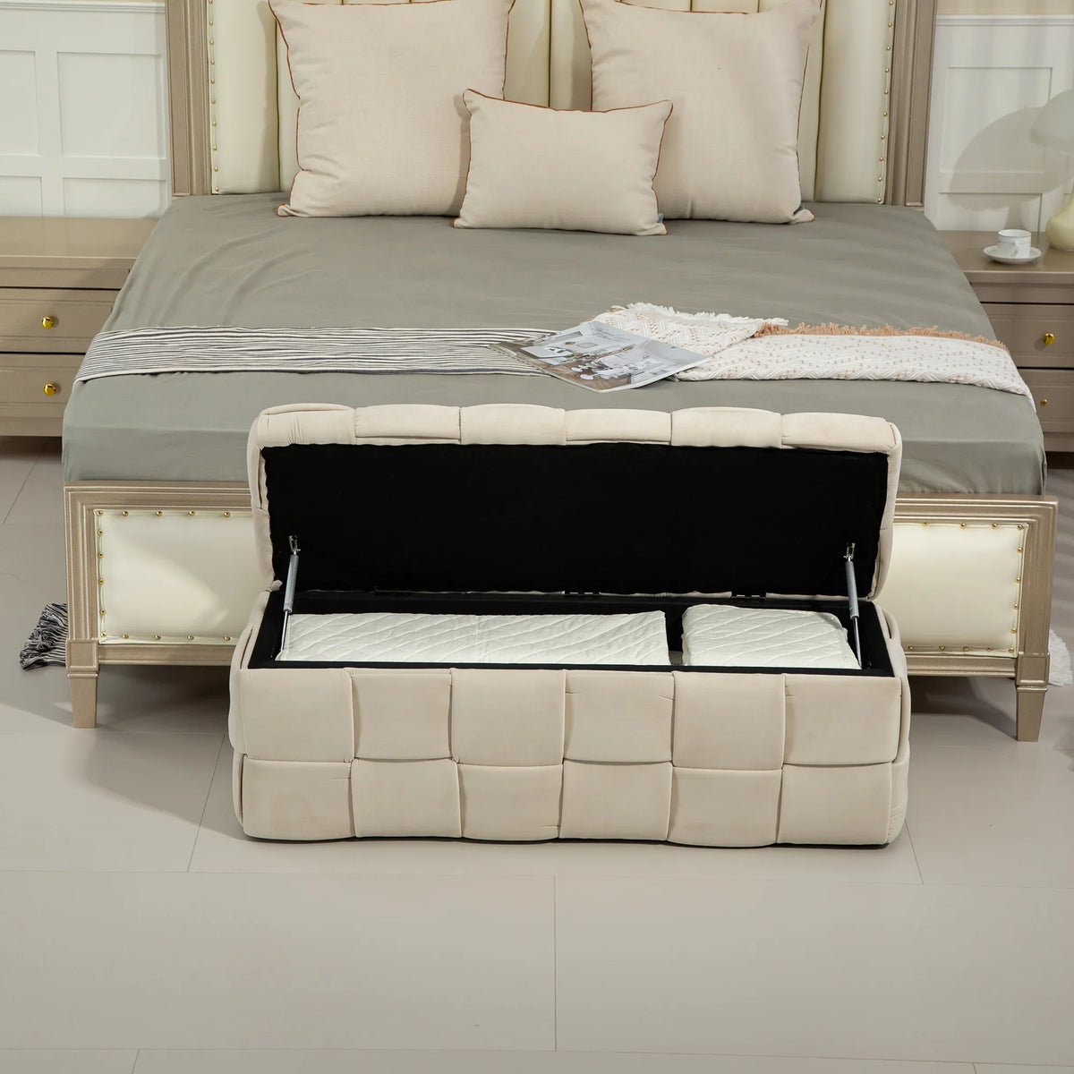 eProlo beige fabric storage ottoman chair with safety hinge and cushioned footstool.
