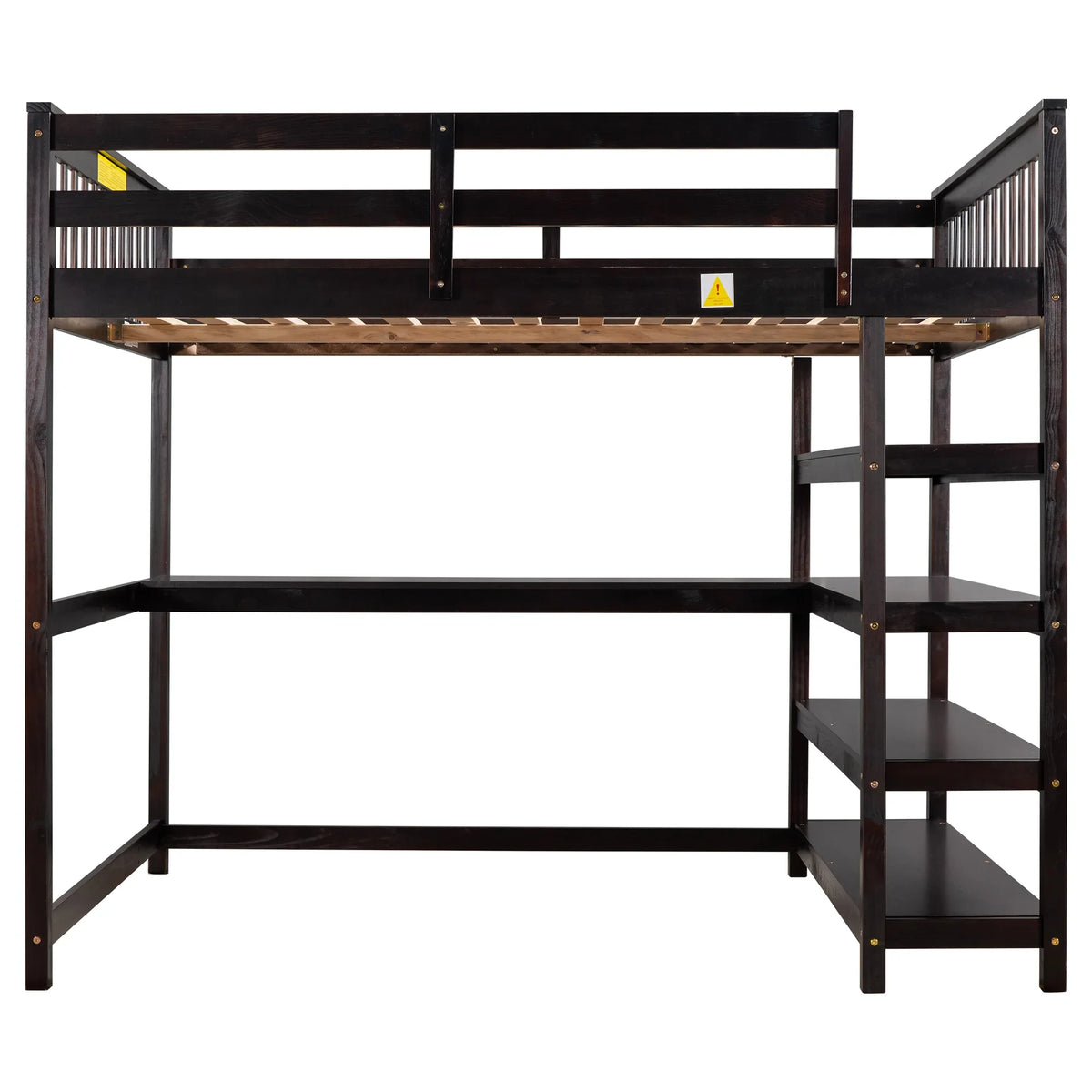 eprolo full size espresso loft bed with built-in storage shelves and desk area