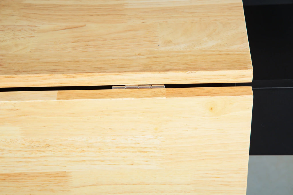 Close-up of the extensible rubber wood countertop hinge on an eprolo kitchen island.