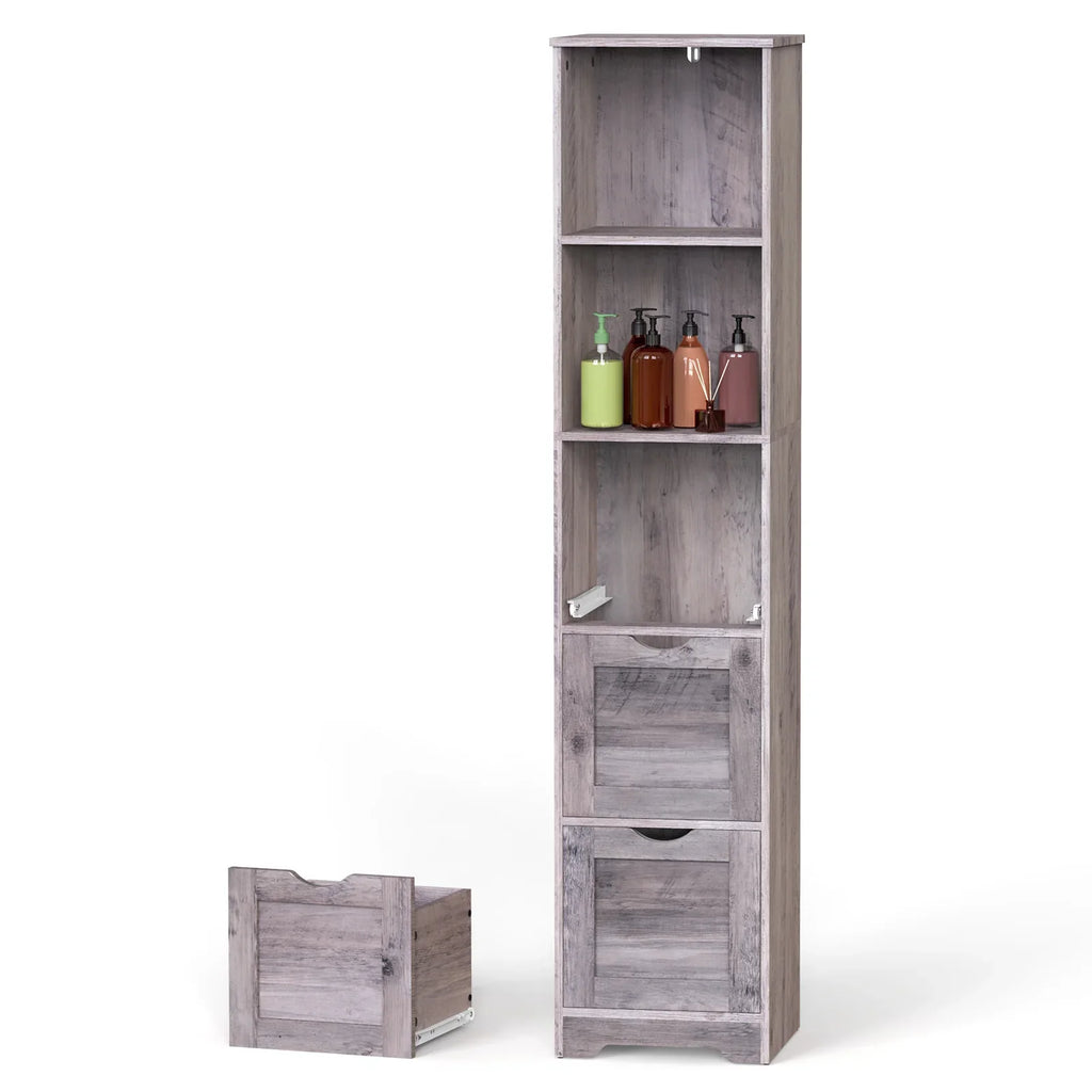 eprolo tall narrow grey bathroom floor cabinet with 3 drawers and 2 shelves