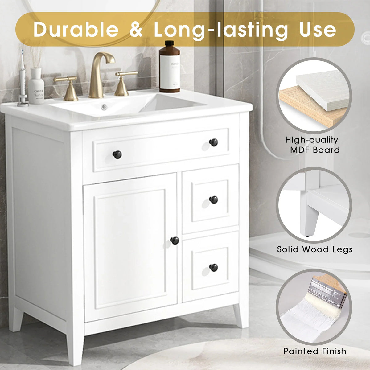 White 30 inch eprolo bathroom vanity cabinet with sink top, two drawers, and solid wood legs.