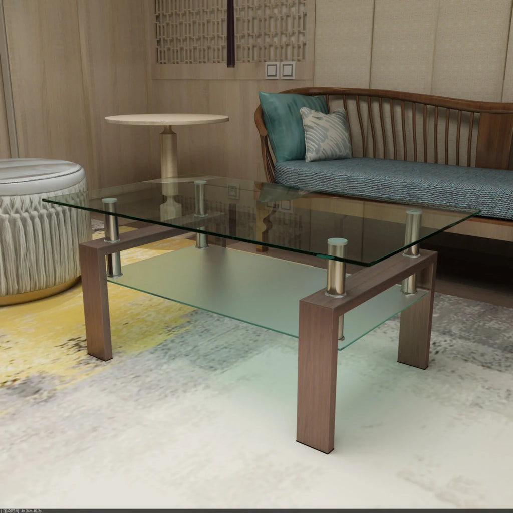 Modern eprolo rectangle walnut glass coffee table with clear glass top in a living room setting.