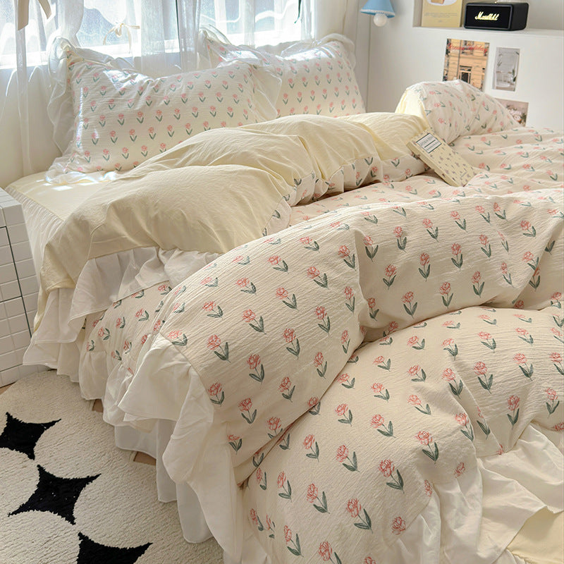 Skin friendly French romantic lace washed cotton printed bed bedding skirt four piece set