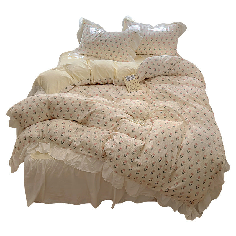Skin friendly French romantic lace washed cotton printed bed bedding skirt four piece set