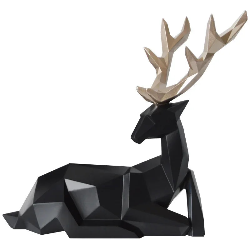 Modern geometric black resin fortune deer figurine with gold antlers by eprolo