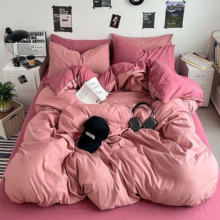 Washed Cotton Solid Color Double Spliced Four-Piece Bedding Set