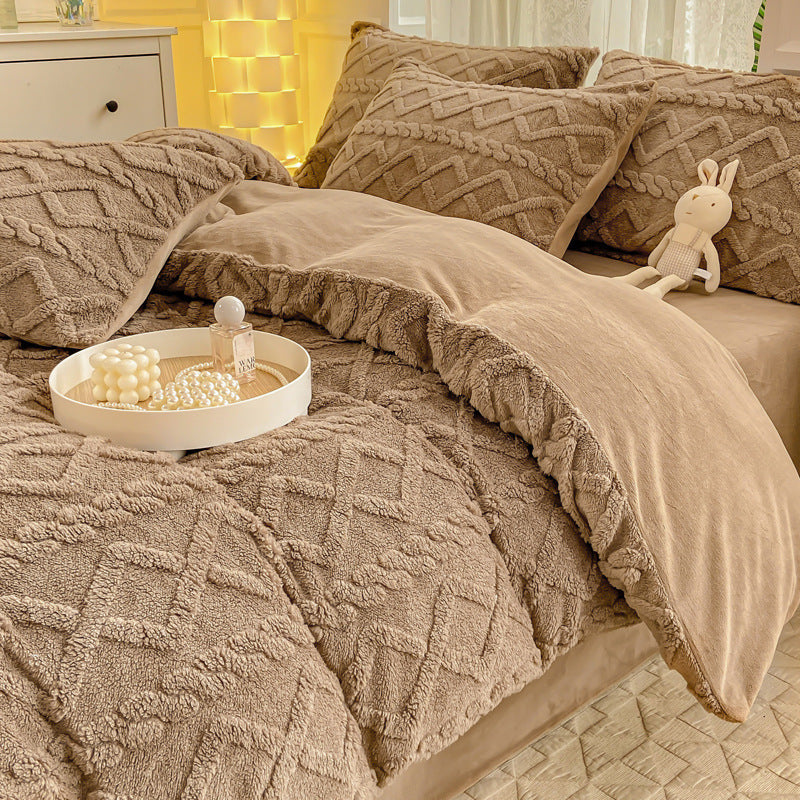 Winter Flannel 4-Piece Bedding Set, Thick Warm Milk Velvet Coral Fleece Duvet Cover, Student Dormitory
