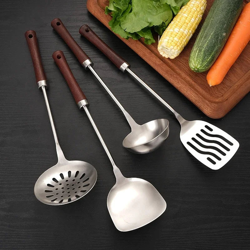 eprolo 304 stainless steel kitchen utensil set with wooden handles on a dark surface.