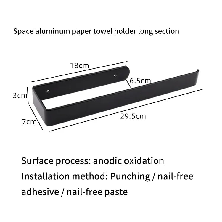 Black perforated stainless steel kitchen paper towel holder with dimensions.