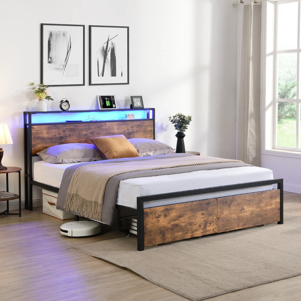 eprolo LED platform bed with storage headboard and charging station in a modern bedroom