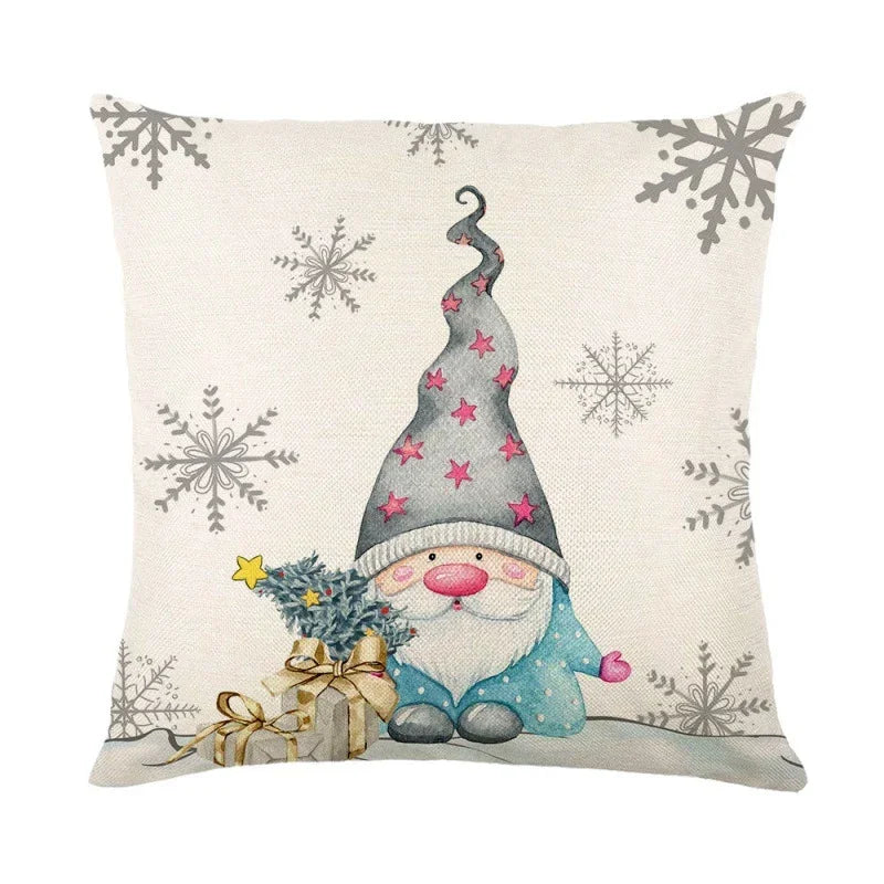 Christmas gnome pillow cover with snowflakes and holiday gifts for living room decor