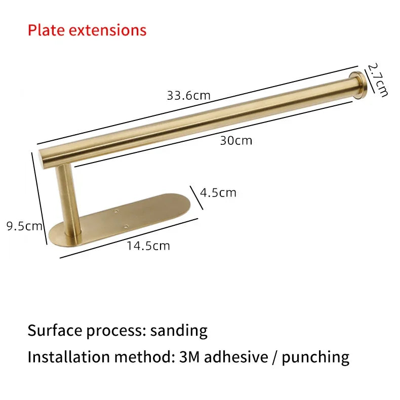 Gold eprolo kitchen tissue holder with dimensions showing 33.6cm length and 9.5cm height.