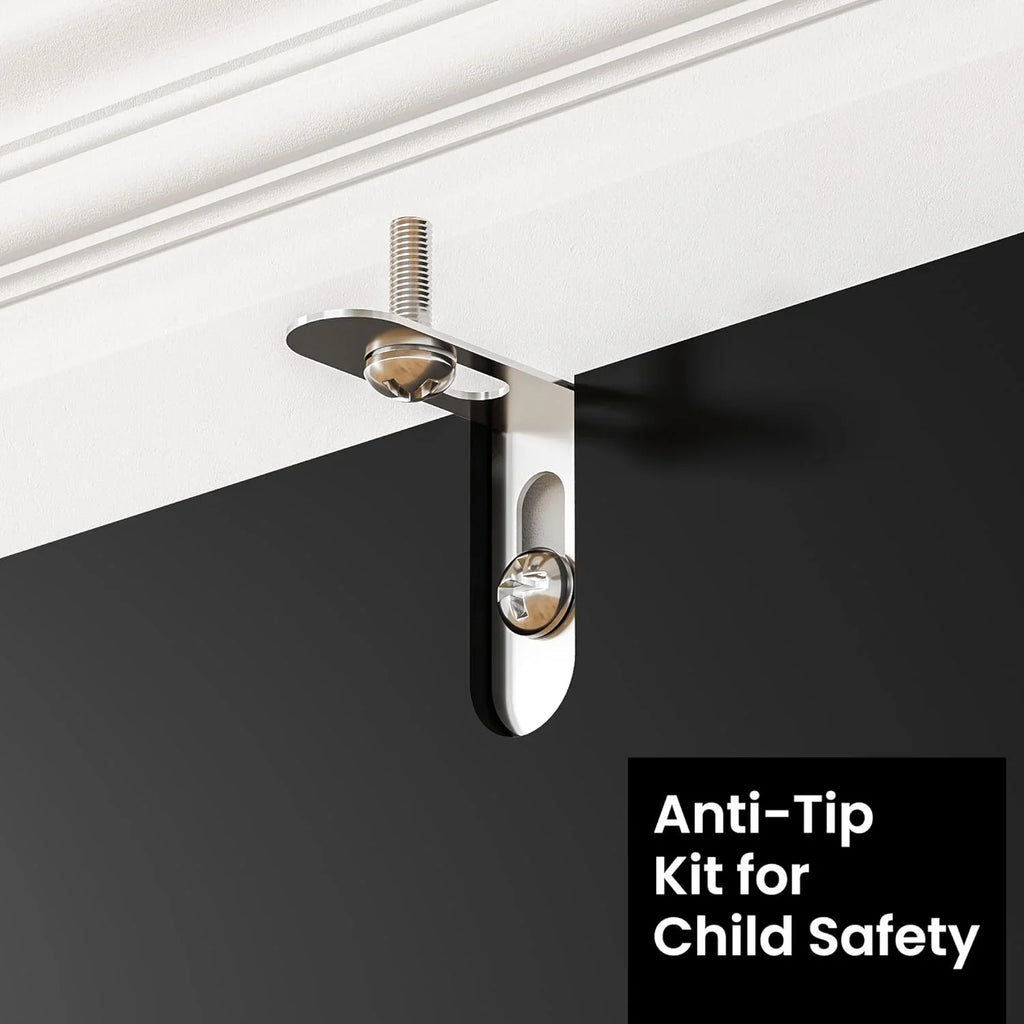 Anti-tip kit for child safety installed on a wall for furniture stability.