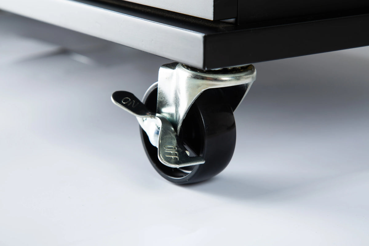Close-up of a locking caster wheel on an eprolo mobile kitchen island.